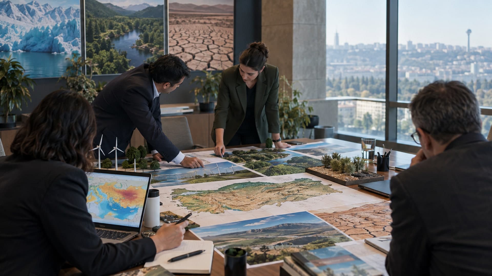 Policy professionals coordinate climate, biodiversity and dryland restoration plans around a map of Türkiye
